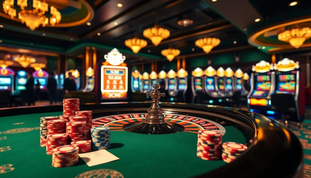 Experience the excitement of SC88 poker chips on a luxurious casino table amid a thrilling gambling atmosphere.
