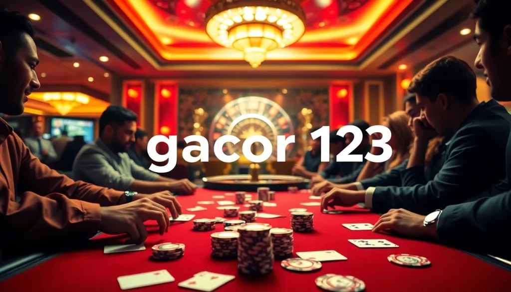 Experience the thrill of gacor123 at a luxury poker table, where players engage in high-stakes action amid buzzing casino energy.