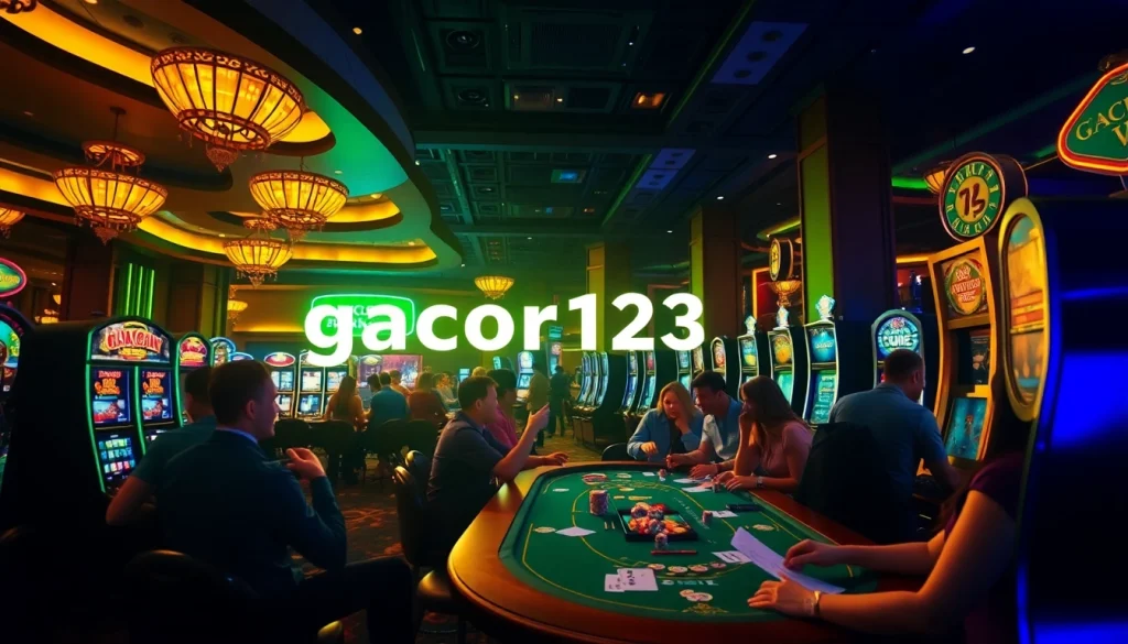 Experience the thrill of gacor123 as players win big at vibrant casino tables filled with poker chips and lively slots.